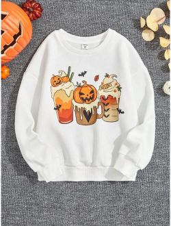 Tween Girl Halloween Pumpkin Print Drop Shoulder Sweatshirt