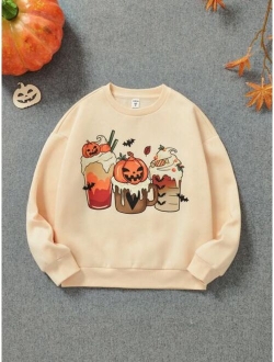 Tween Girl Halloween Pumpkin Print Drop Shoulder Sweatshirt