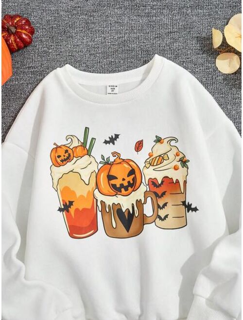 SHEIN Tween Girl Halloween Pumpkin Print Drop Shoulder Sweatshirt