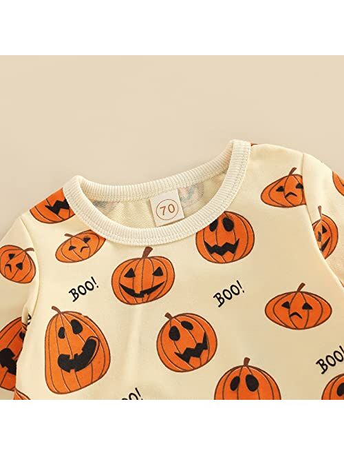 Lucikamy Toddler Baby Boy Halloween Outfit Long Sleeve Ghost/Pumpkin Sweatshirt Tops Elastic Pants 2PCS Fall Winter Clothes