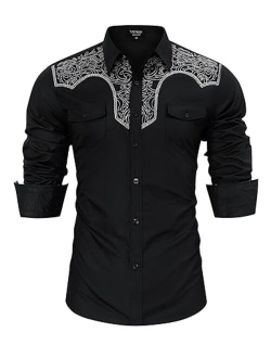 TURETRENDY Men's Western Cowboy Shirt Long Sleeve Embroidered Slim Fit Casual Button Down Shirts with Pockets
