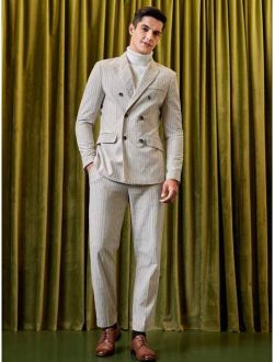 Men Striped Double Breasted Flap Detail Blazer & Suit Pants Set
