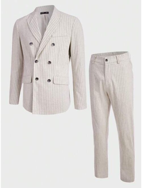SHEIN Men Striped Double Breasted Flap Detail Blazer & Suit Pants Set