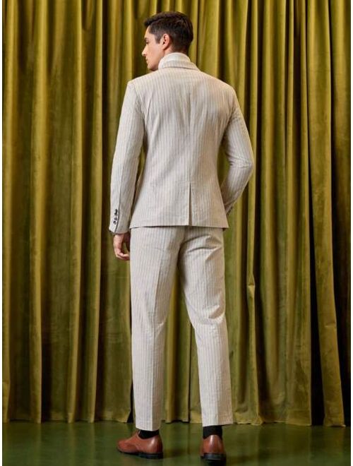 SHEIN Men Striped Double Breasted Flap Detail Blazer & Suit Pants Set