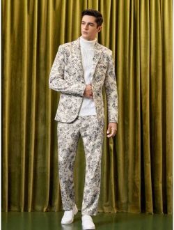 Men Floral Print Single Breasted Blazer & Pants Suit Set