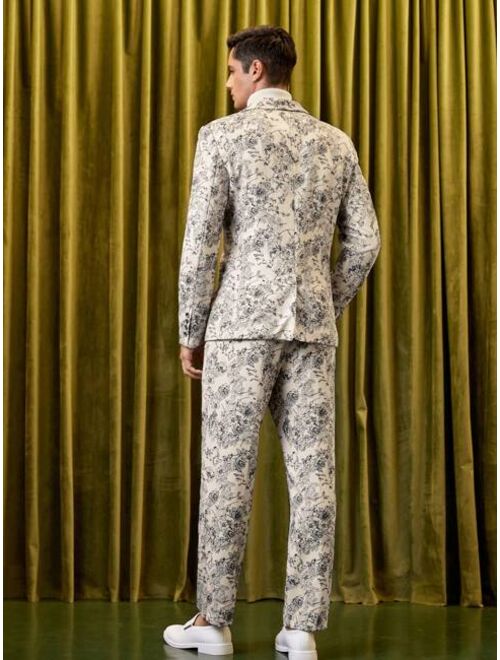 SHEIN Men Floral Print Single Breasted Blazer & Pants Suit Set
