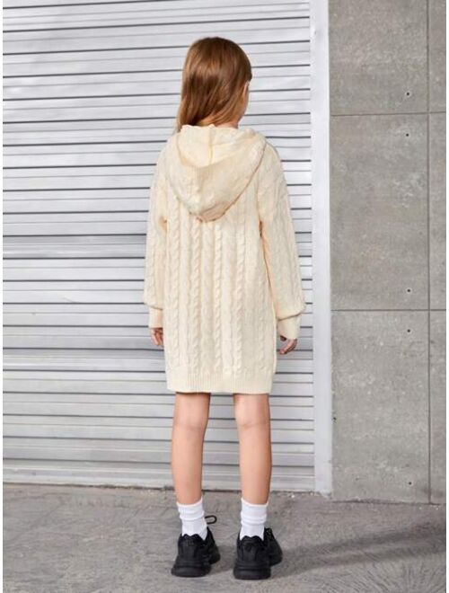 SHEIN Tween Girl Letter Patched Detail Hooded Drop Shoulder Cable Knit Hooded Dress Without Belt