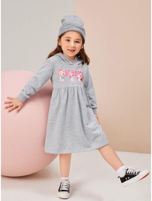 SHEIN X HojinArt Toddler Girls Rabbit & Slogan Graphic Hoodie Dress