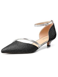 Usikall Womens Low Kitten Heel Pointed Toe Pumps Ankle Strap Two-Piece Buckle Casual Glitter 1.4 Inches Shoes
