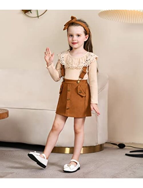 Weixinbuy Toddler Fall Outfits for Girls Ruffle Long Sleeve Ribbed T-Shirt Top+Suspender Skirt+Headband 3Pcs Clothes Set