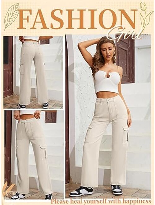 QYANGG High Waist Stretch Cargo Pants Women Baggy Multiple Pockets Relaxed Fit Straight Wide Leg Y2K Pants