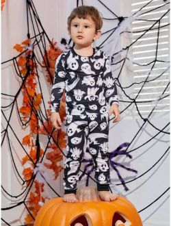 Young Boy Family Matching Halloween Print Tee & Pants Snug Fit PJ Set