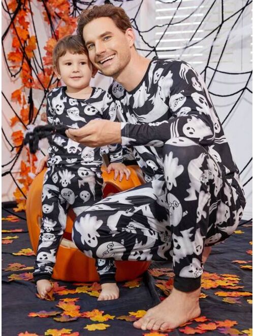 Shein Young Boy Family Matching Halloween Print Tee & Pants Snug Fit PJ Set