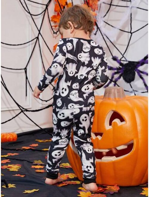 Shein Young Boy Family Matching Halloween Print Tee & Pants Snug Fit PJ Set