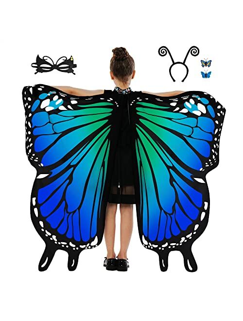 Tibeha Halloween Butterfly Costume for Girls - Double-Sided Printing Wings Kids Cape with Mask, Antenna Headband, Hair Clips