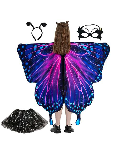 WhiteUniQoon Butterfly Costume Halloween Costumes for Girls Kids, Butterfly Wings Costume Cape Shawl for Girls Fairy Wing