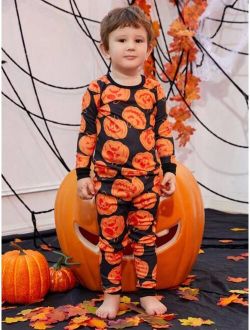 Young Boy Halloween Pumpkin Print Snug Fit PJ Set