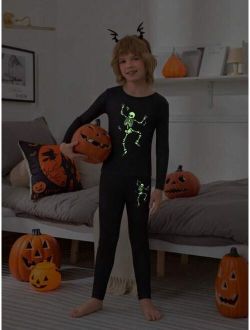 Tween Boy Halloween Reflective Skeleton Print Top & Pants PJ Set