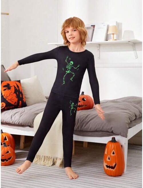 Shein Tween Boy Halloween Reflective Skeleton Print Top & Pants PJ Set