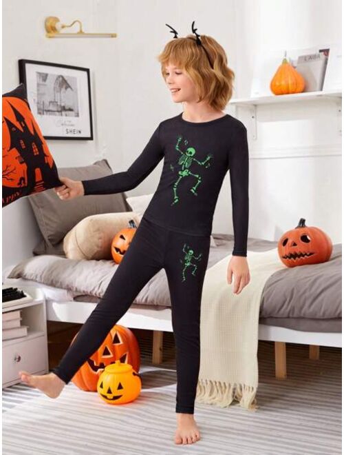 Shein Tween Boy Halloween Reflective Skeleton Print Top & Pants PJ Set