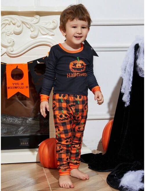 Shein Young Boy Halloween Print Contrast Binding PJ Set