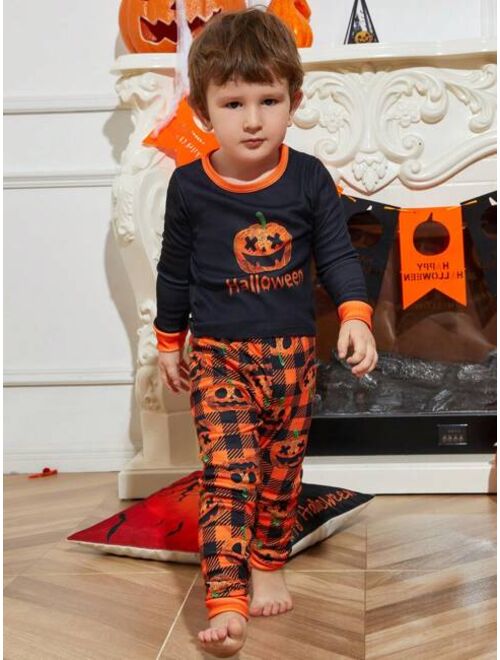 Shein Young Boy Halloween Print Contrast Binding PJ Set