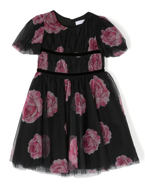 Monnalisa rose-print tulle dress