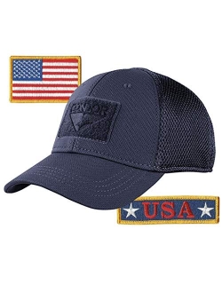 Condor MESH Fitted Tactical Cap Bundle - U.S.A. & USA Flag Patch - Choose Size