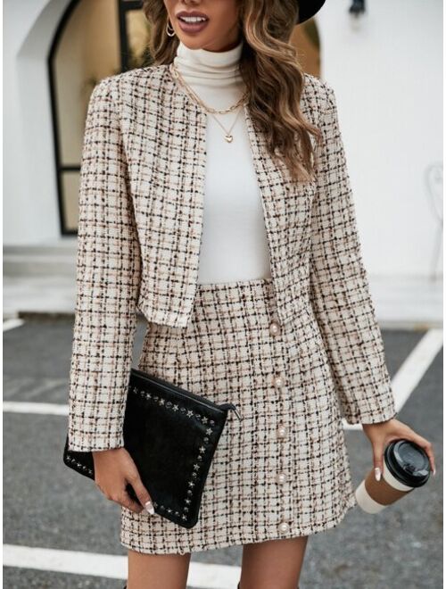 SHEIN Frenchy Plaid Print Open Front Jacket & Skirt