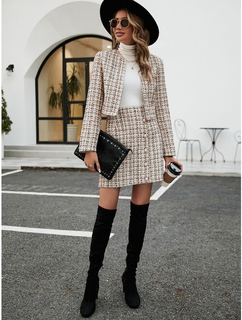 SHEIN Frenchy Plaid Print Open Front Jacket & Skirt