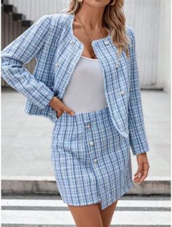 Clasi Plaid Print Open Front Jacket & Skirt