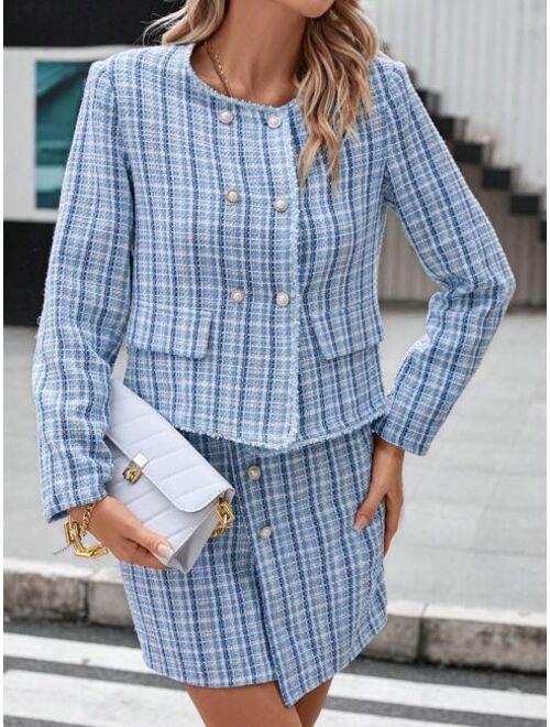 SHEIN Clasi Plaid Print Open Front Jacket & Skirt