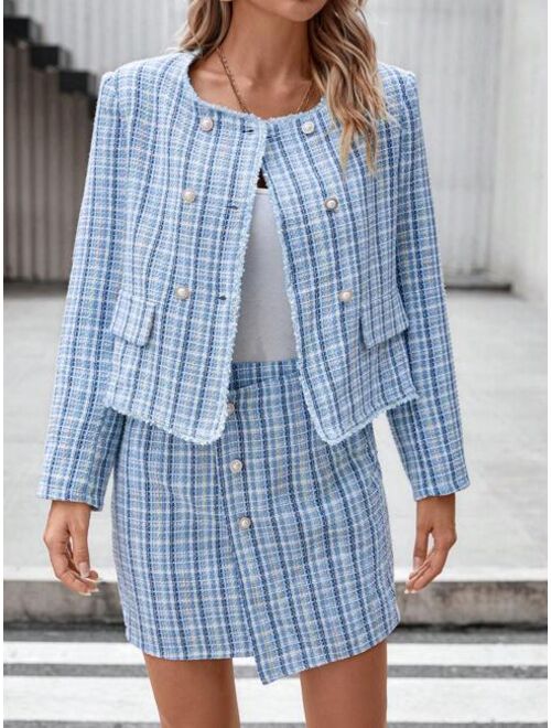 SHEIN Clasi Plaid Print Open Front Jacket & Skirt