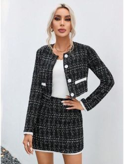 Prive Plaid Pattern Contrast Trim Jacket & Skirt