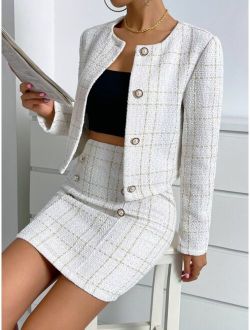 Frenchy Plaid Pattern Tweed Jacket & Skirt