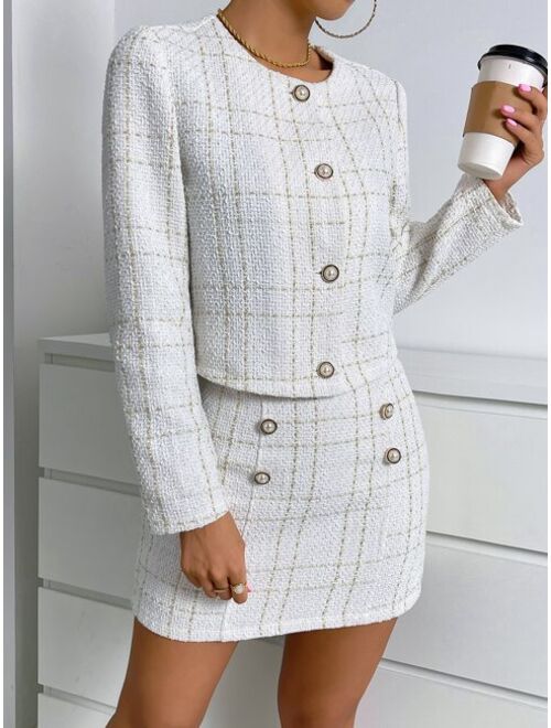 SHEIN Frenchy Plaid Pattern Tweed Jacket & Skirt