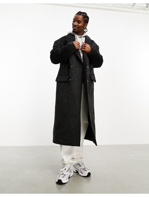 ASOS DESIGN oversized wool look overcoat in gray leopard print