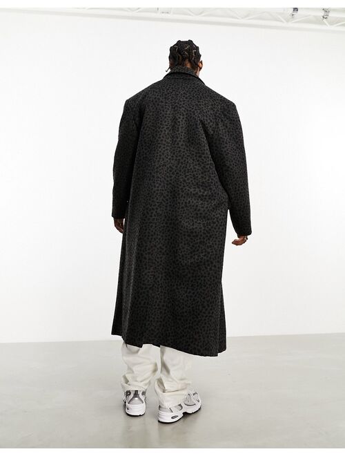 ASOS DESIGN oversized wool look overcoat in gray leopard print