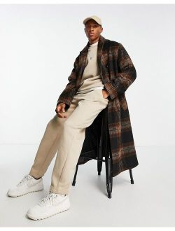 oversized wool look check overcoat in black and brown