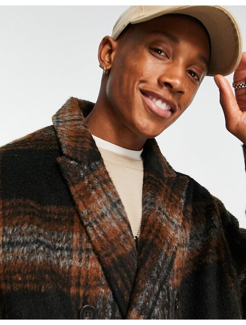 ASOS DESIGN oversized wool look check overcoat in black and brown