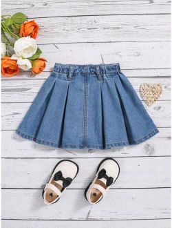 Young Girl Solid Pleated Denim Skirt
