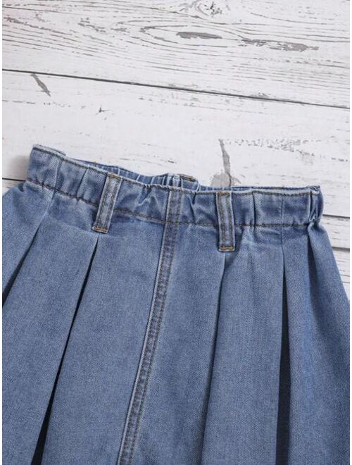 SHEIN Young Girl Solid Pleated Denim Skirt
