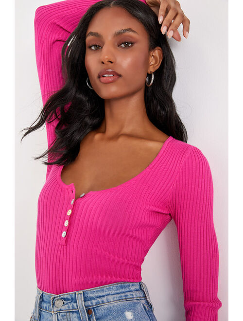 Lulus Everyday Perfection Hot Pink Ribbed Scoop Neck Henley Bodysuit