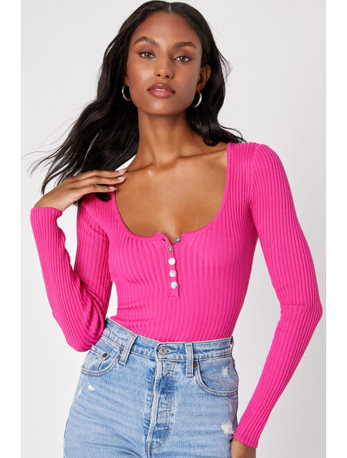 Lulus Everyday Perfection Hot Pink Ribbed Scoop Neck Henley Bodysuit