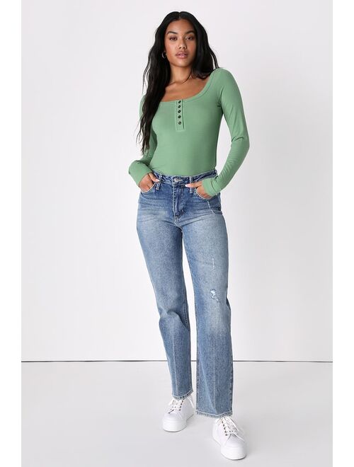 Lulus Everyday Update Green Ribbed Long Sleeve Cropped Henley Top