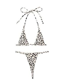 Women's Dalmatian All Over Print Halter Micro Triangle Thong Bikini Swimsuit