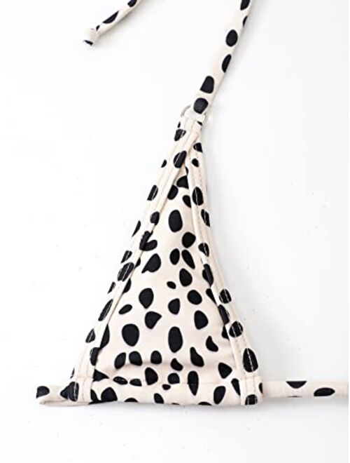WDIRARA Women's Dalmatian All Over Print Halter Micro Triangle Thong Bikini Swimsuit