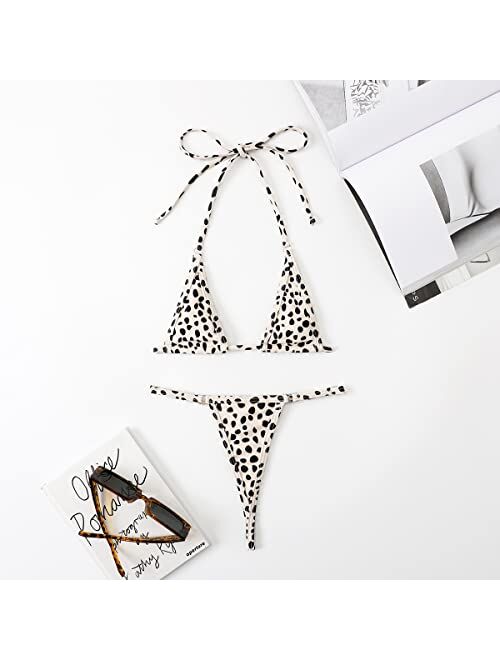 WDIRARA Women's Dalmatian All Over Print Halter Micro Triangle Thong Bikini Swimsuit