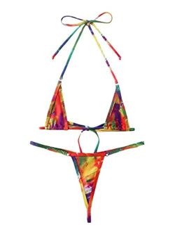 GORGLITTER Women's 2 Piece Micro Triangle Bikini Set Thong Allover Print Swimsuit Tie Back Halter Bathing Suit
