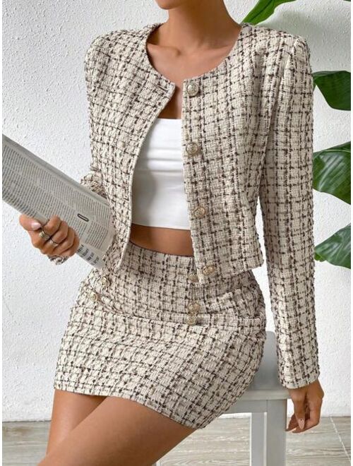 SHEIN Essnce Plaid Pattern Button Front Jacket & Bodycon Skirt